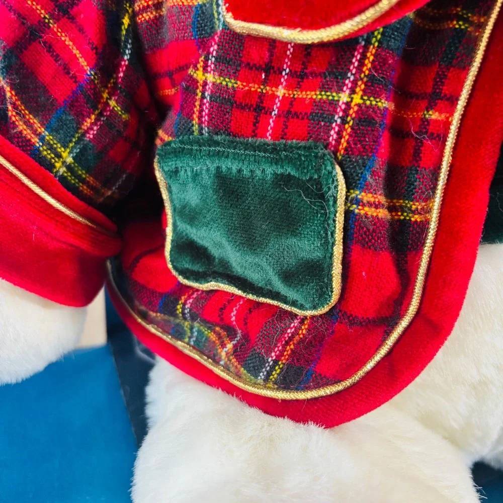 Vintage 1999 Snowflake Teddy White Plush Bear Holiday Plaid Jacket 16 Inch